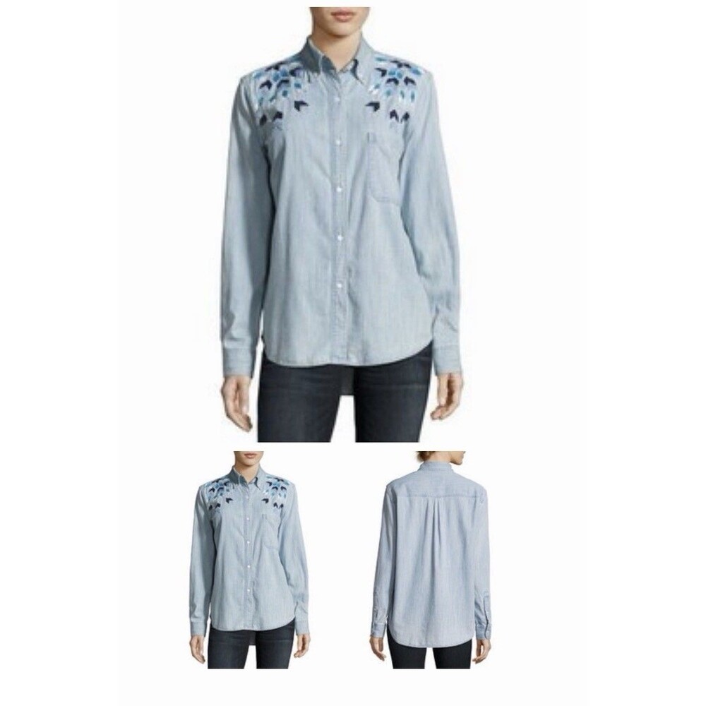 Women's light blue Rails Brett embroidered chambray shirt geo chevron stitch